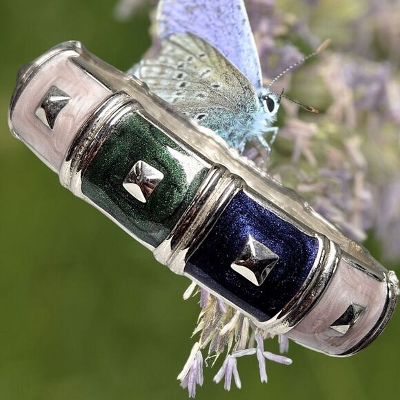 Vtg Geo Glam Enamel Clamper Silver Tone Hinge Bangle Bracelet Green Pink & Blue - Picture 12 of 12